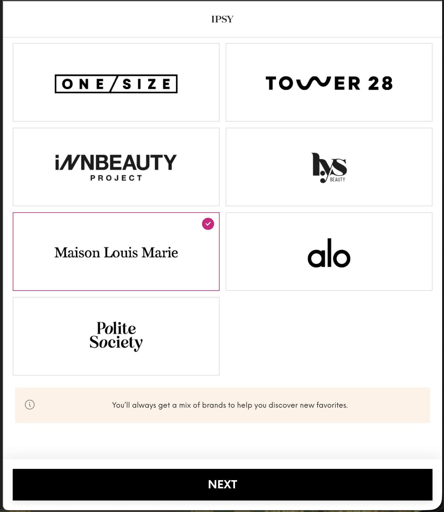 Quiz: brand selection with 'mix of brands' disclaimer